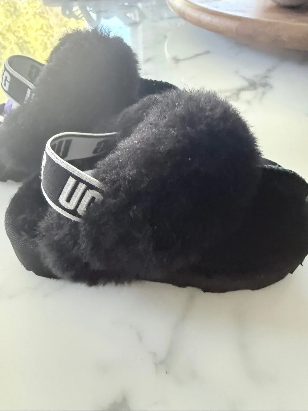 UGG Black Shearling Slingback Clog with Logo Elastic